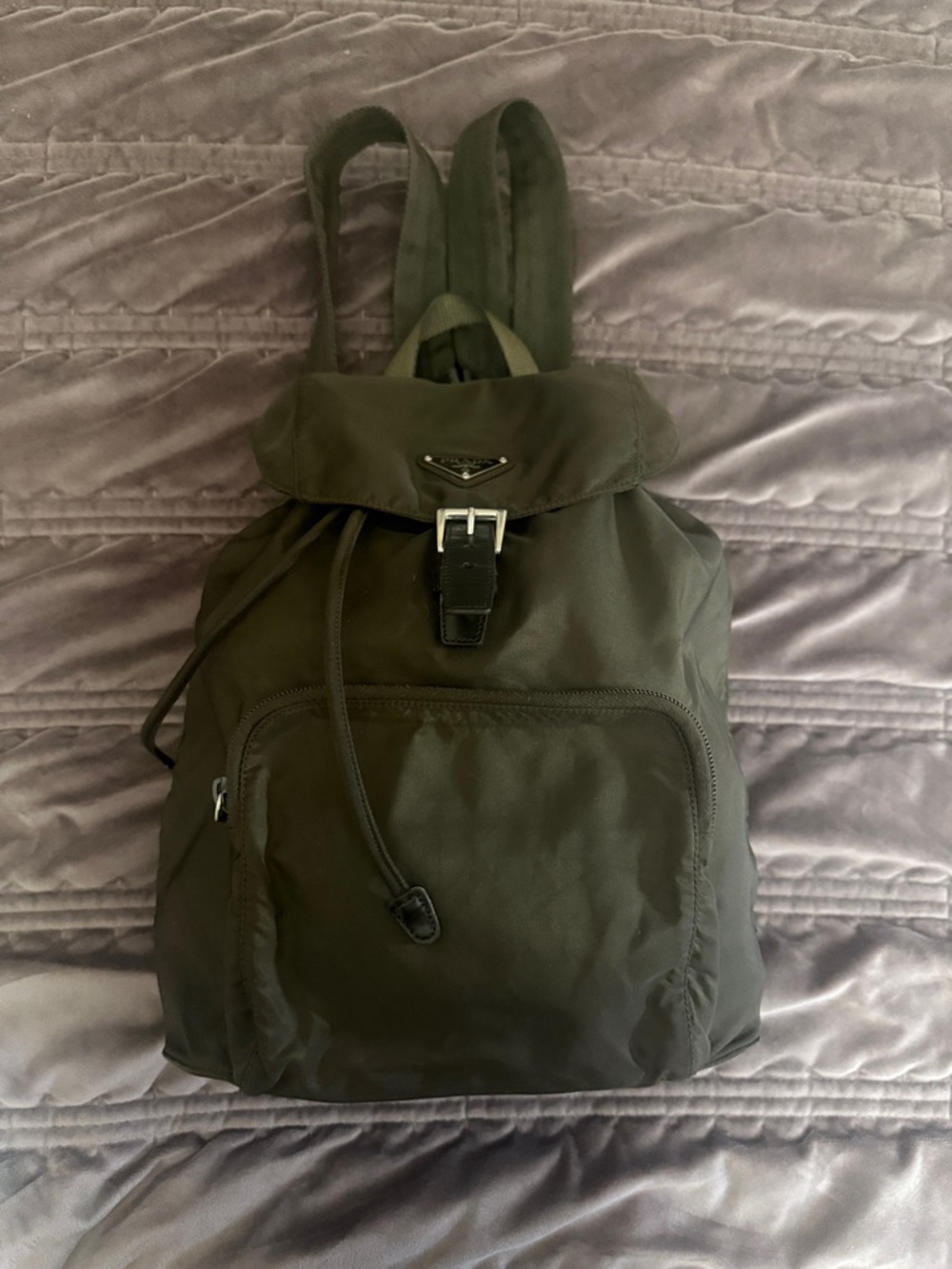 Prada Dark Olive Nylon Drawstring Backpack with Buckle
